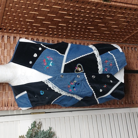 Vintage Denim and Velvet Vest Academia Alt Cottagecore - Picture 3 of 13